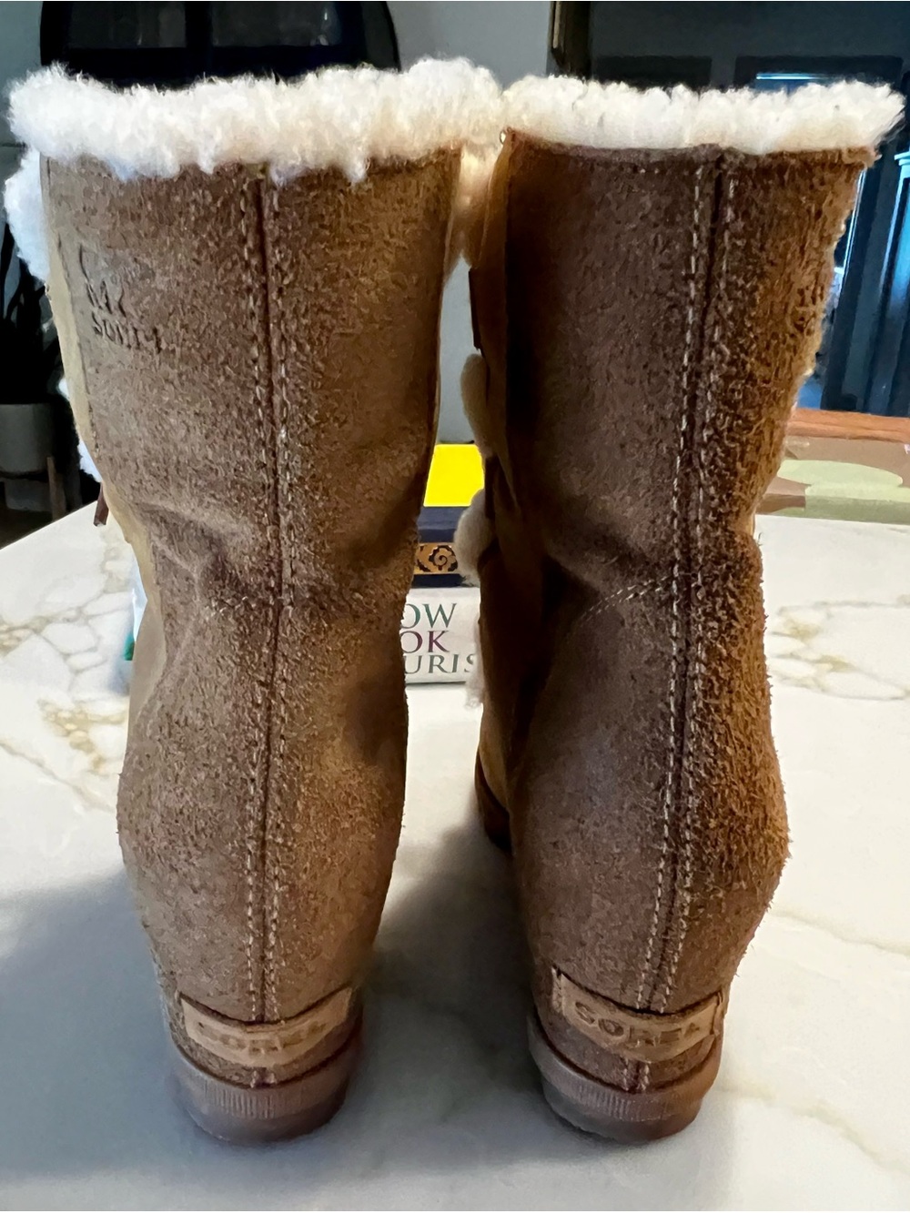 Sorel Joan of Arctic Wedge II Shearling Boots Camel Brown Suede Leather Size 7 - Picture 4 of 6